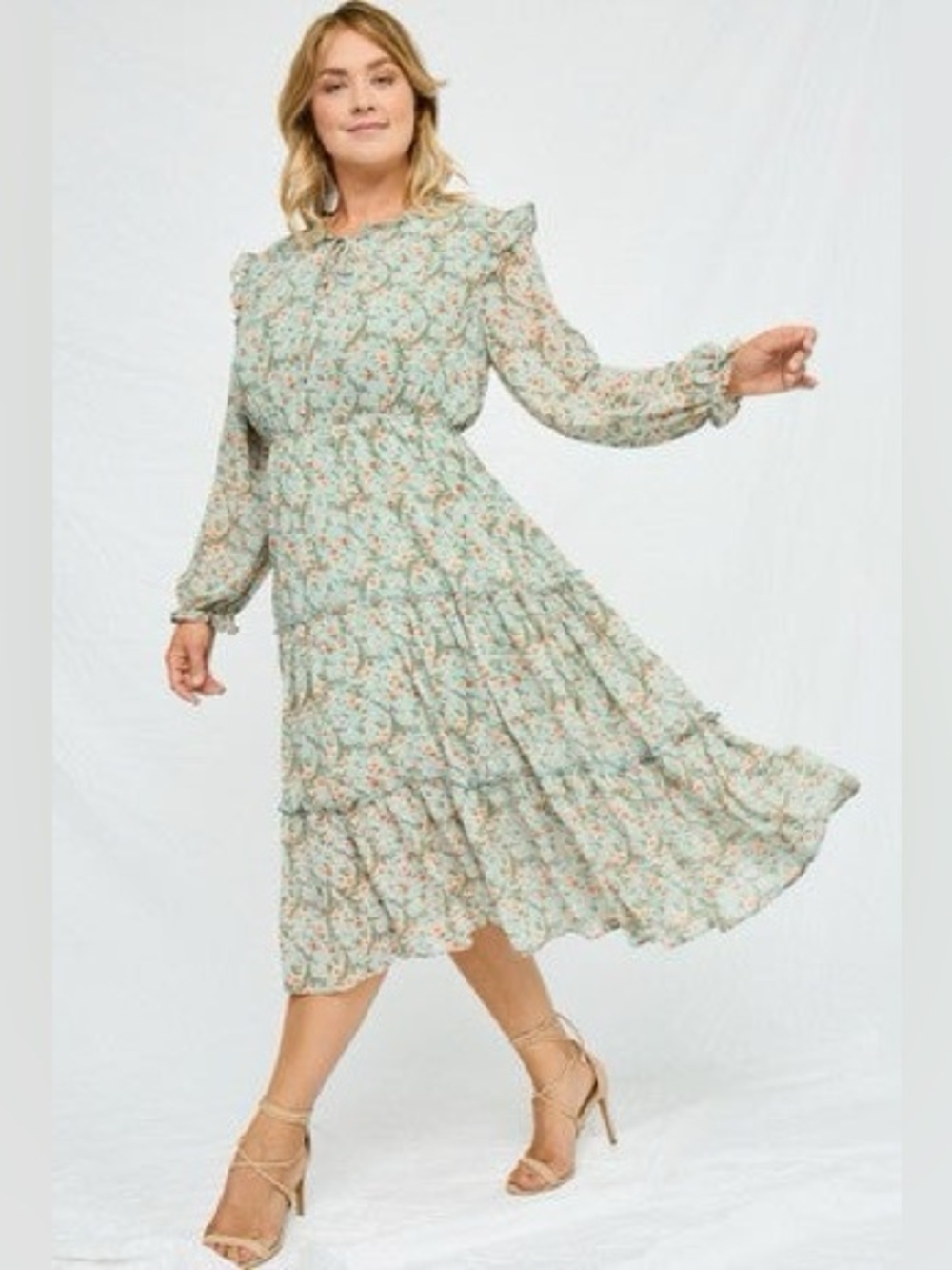 Hayden Los Angeles Floral Tiered Ruffle Midi Dress - Light Sage Green